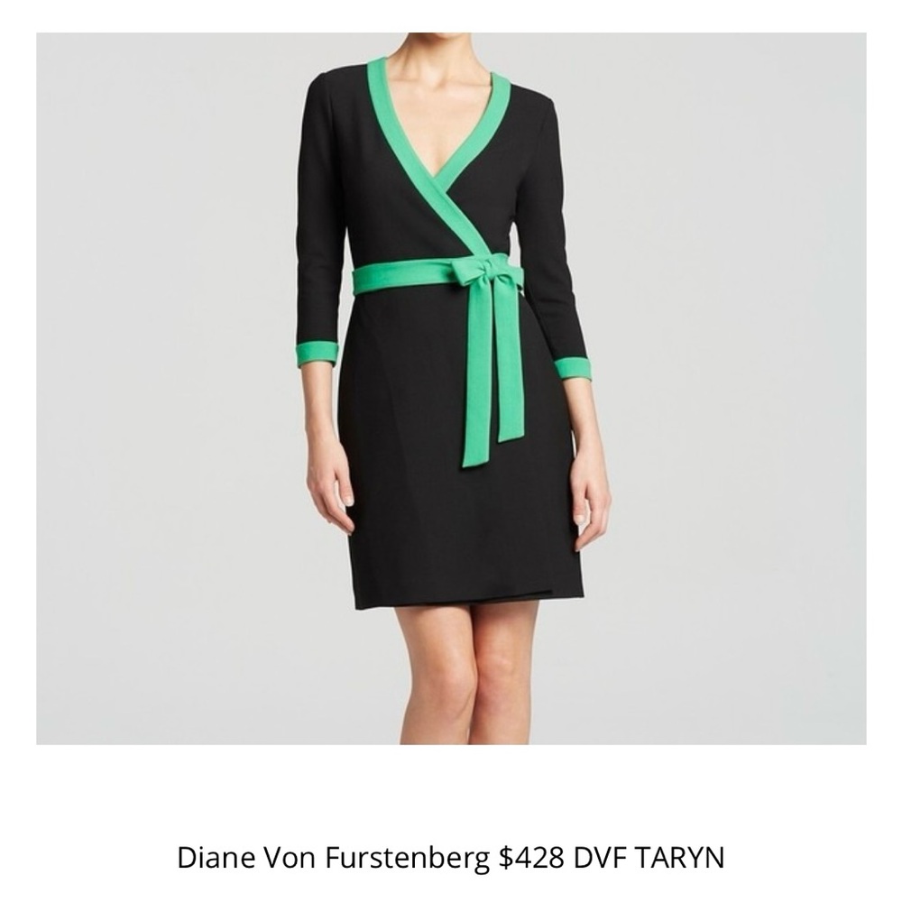 DVF Diane Von Furstenberg Black Wrap Dress with Kelly Green Trim and Belt Size 4